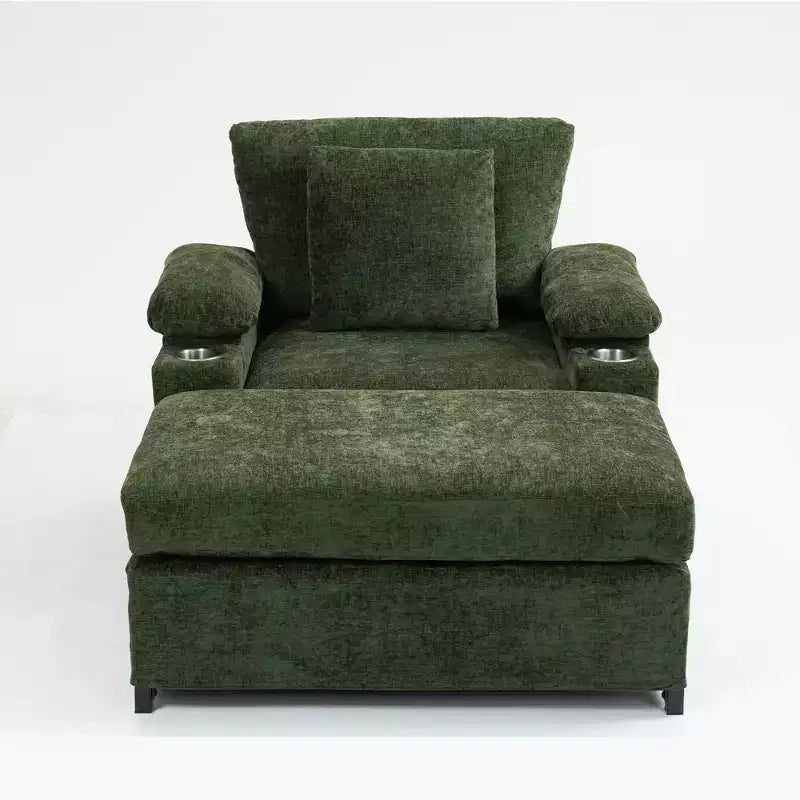 Poltrona moderna oversize con pouf, poltrona in ciniglia comoda con portabicchieri e porte USB - ModernLuxe