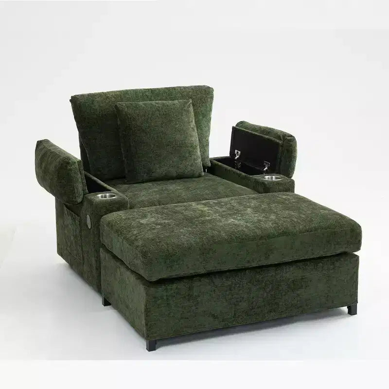Poltrona moderna oversize con pouf, poltrona in ciniglia comoda con portabicchieri e porte USB - ModernLuxe