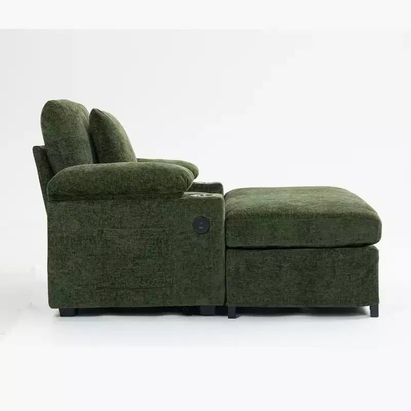 Poltrona moderna oversize con pouf, poltrona in ciniglia comoda con portabicchieri e porte USB - ModernLuxe