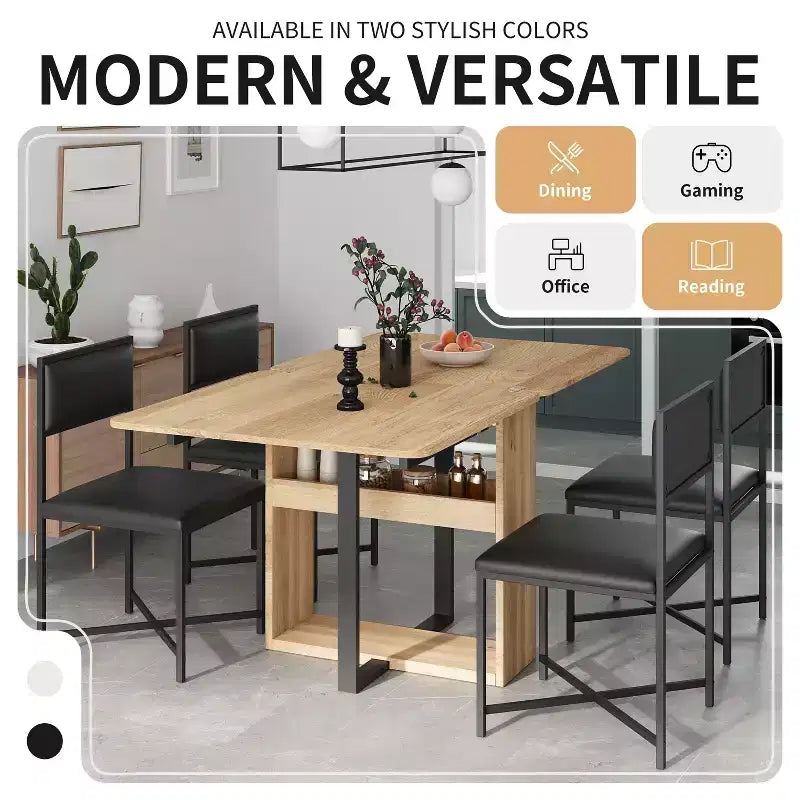 Set da tavolo da pranzo estensibile Whisen Modern a 5 pezzi, tavolo quadrato pieghevole con sedie imbottite in pelle