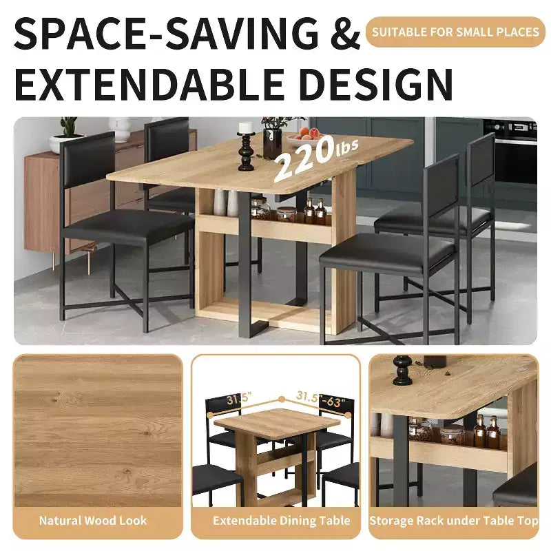 Set da tavolo da pranzo estensibile Whisen Modern a 5 pezzi, tavolo quadrato pieghevole con sedie imbottite in pelle