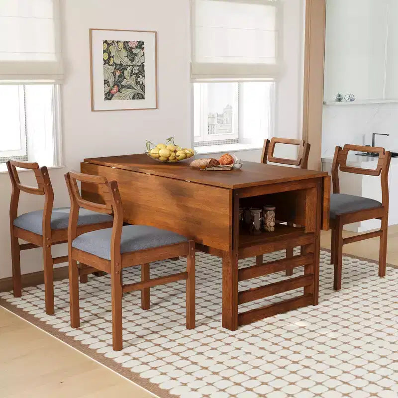 Whisen Modern 5-Piece Extendable Wood Dining Table Set with Two Drop Leaves and Upholstered Chairs