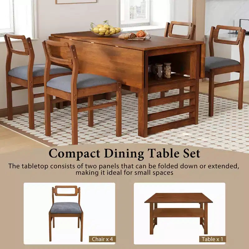 Whisen Modern Set da Pranzo Allungabile da 5 Pezzi con Tavolo in Legno, Due Allunghe a Ribalta e Sedie Imbottite