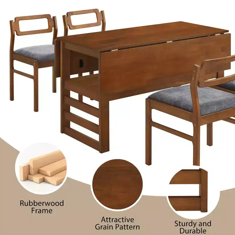 Whisen Modern Set da Pranzo Allungabile da 5 Pezzi con Tavolo in Legno, Due Allunghe a Ribalta e Sedie Imbottite