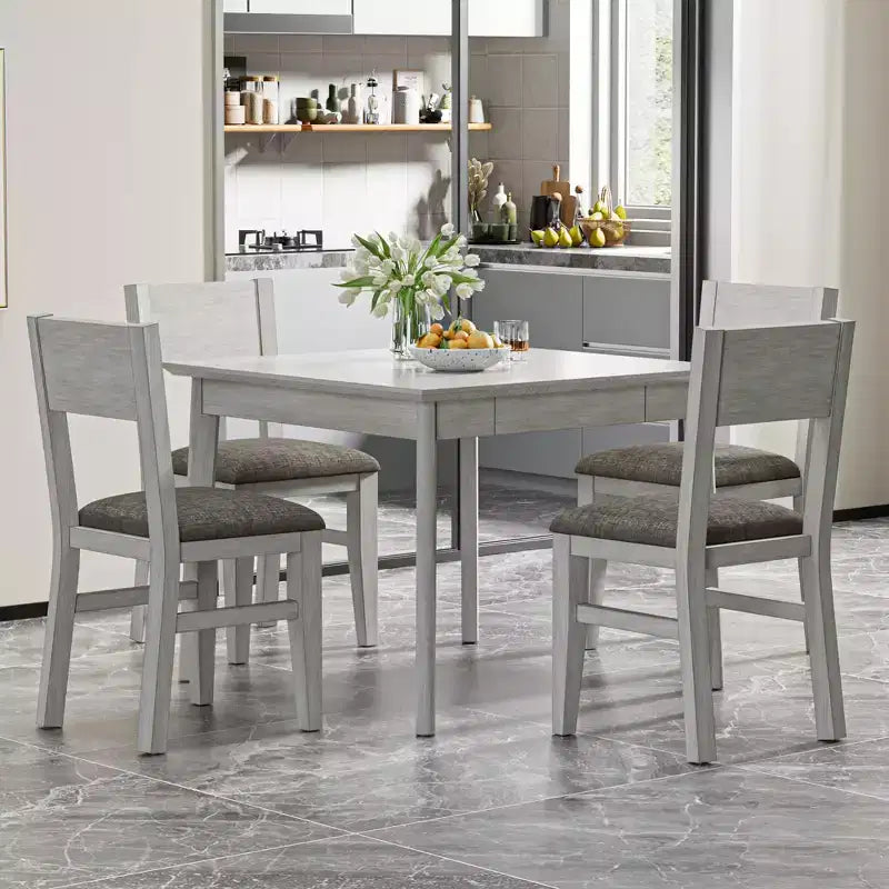 Set da pranzo VECELO stile rustico da 5 pezzi per 4 persone, tavolo quadrato in legno di gomma e 4 sedie da pranzo imbottite, grigio