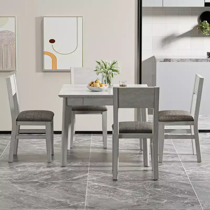 Set da pranzo VECELO stile rustico da 5 pezzi per 4 persone, tavolo quadrato in legno di gomma e 4 sedie da pranzo imbottite, grigio