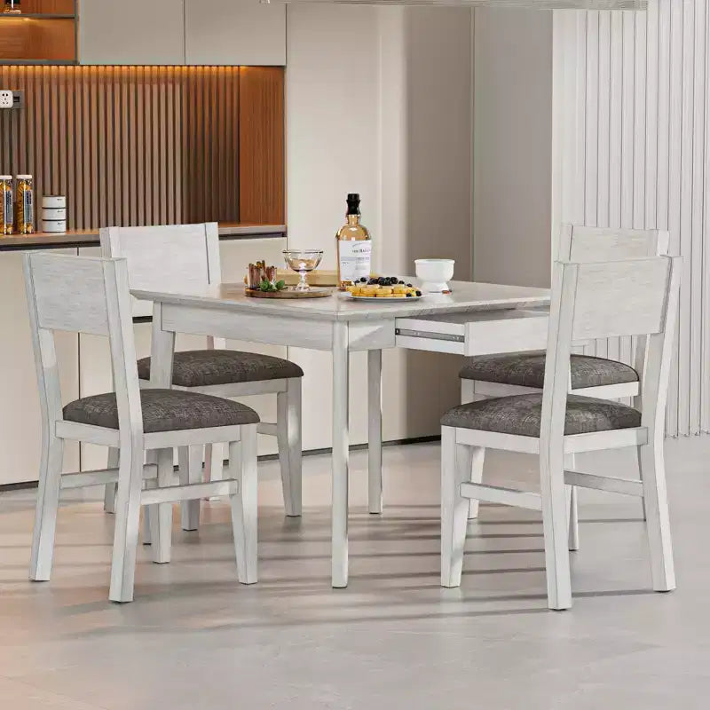 Set da pranzo VECELO stile rustico da 5 pezzi per 4 persone, tavolo quadrato in legno di gomma e 4 sedie da pranzo imbottite, grigio