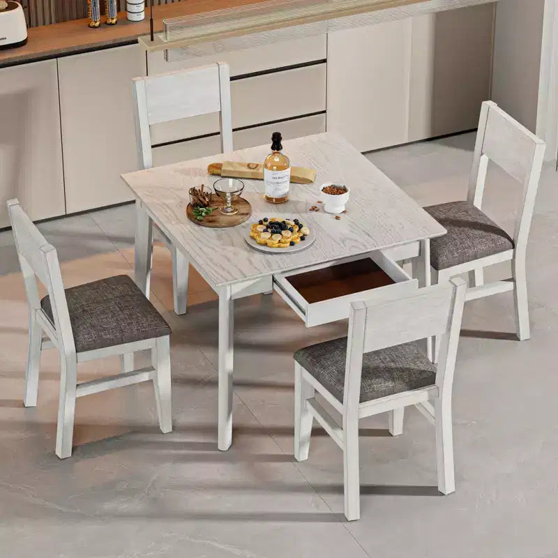 Set da pranzo VECELO stile rustico da 5 pezzi per 4 persone, tavolo quadrato in legno di gomma e 4 sedie da pranzo imbottite, grigio