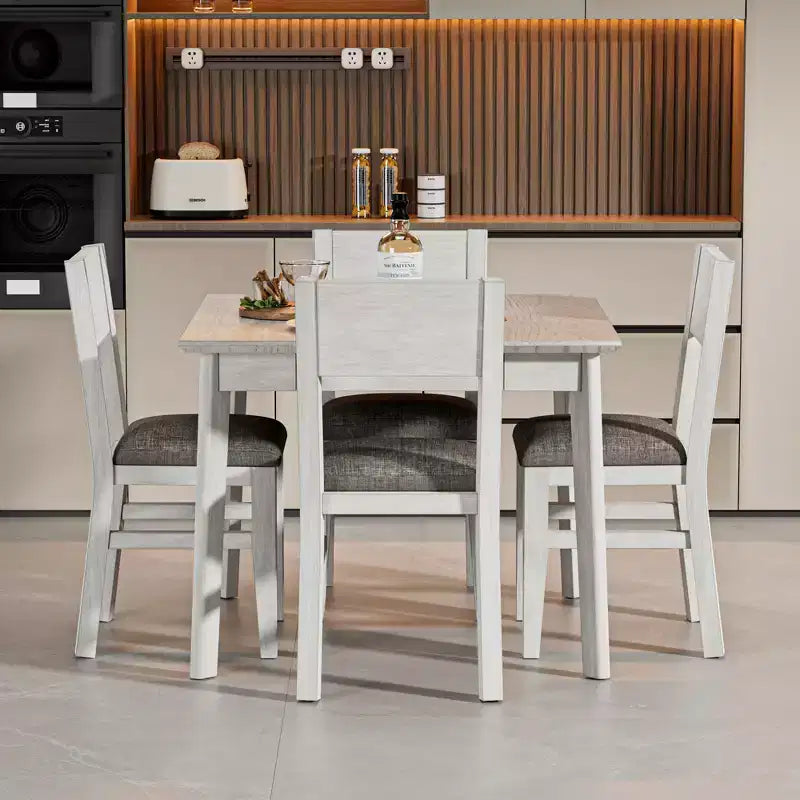Set da pranzo VECELO stile rustico da 5 pezzi per 4 persone, tavolo quadrato in legno di gomma e 4 sedie da pranzo imbottite, grigio