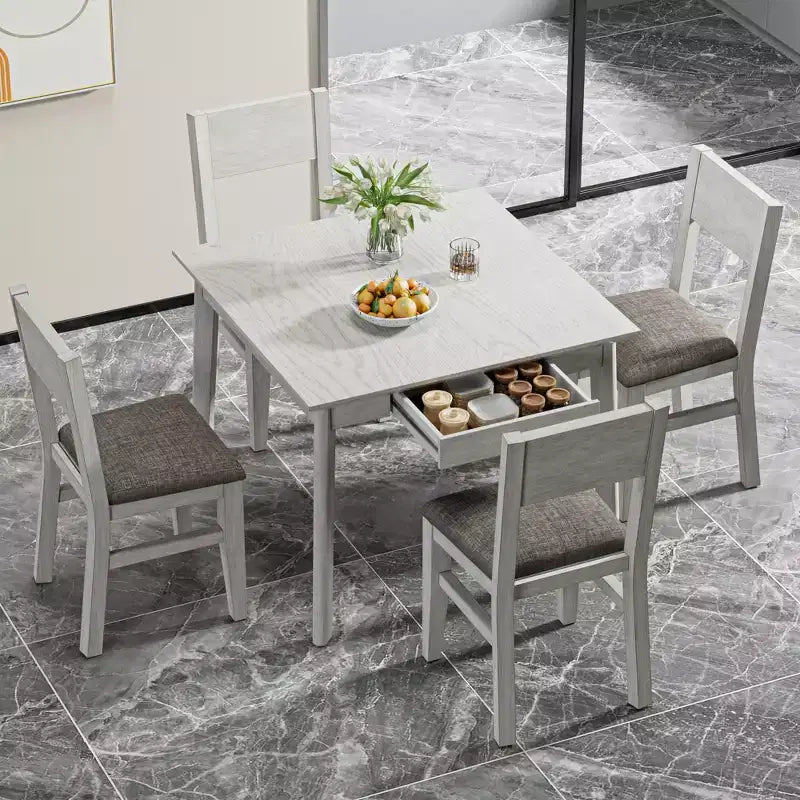 Set da pranzo VECELO stile rustico da 5 pezzi per 4 persone, tavolo quadrato in legno di gomma e 4 sedie da pranzo imbottite, grigio
