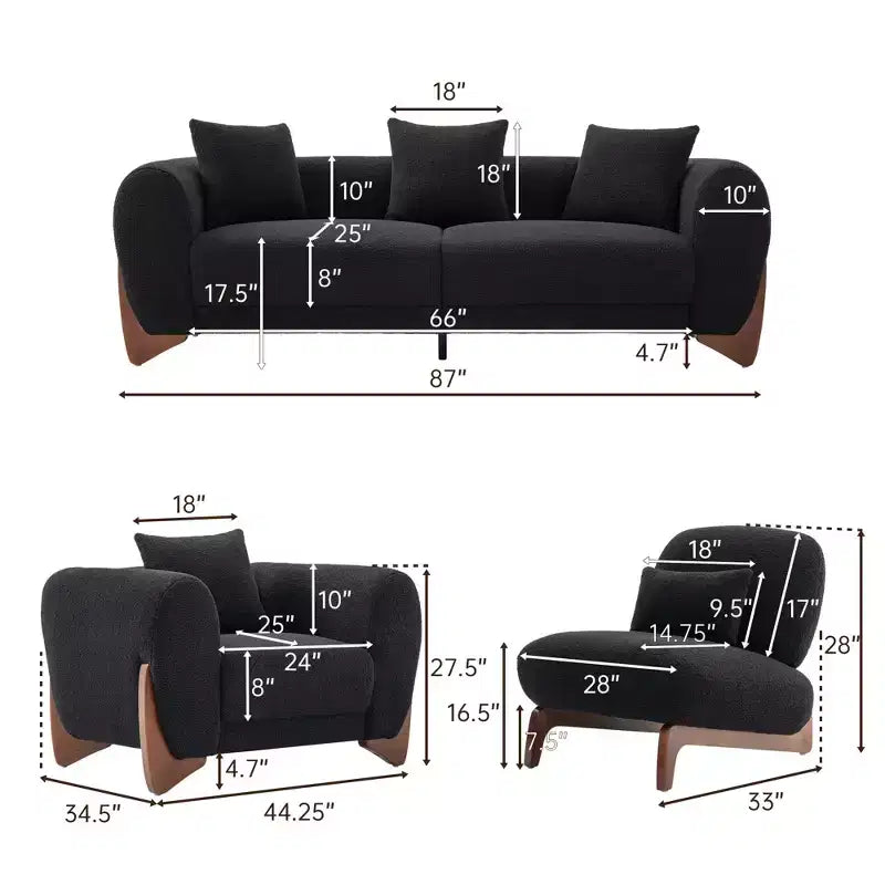 Moderne bankstel van boucléstof - 1 bank en 2 stoelen met slanke houten poten voor de woonkamer of het thuiskantoor - Morden Fort