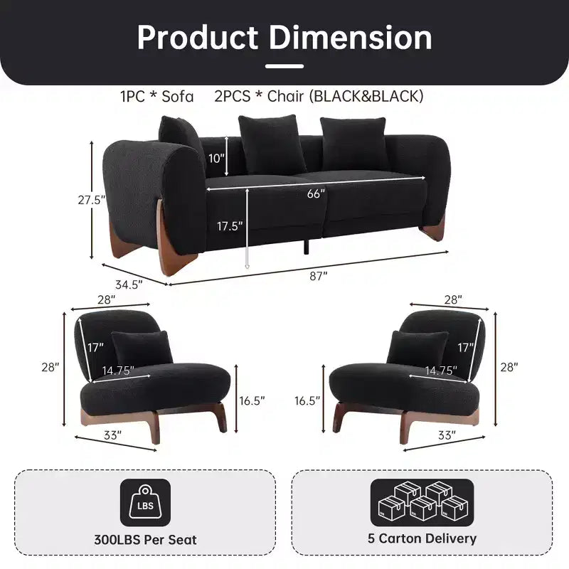 Moderne bankstel van boucléstof - 1 bank en 2 stoelen met slanke houten poten voor de woonkamer of het thuiskantoor - Morden Fort