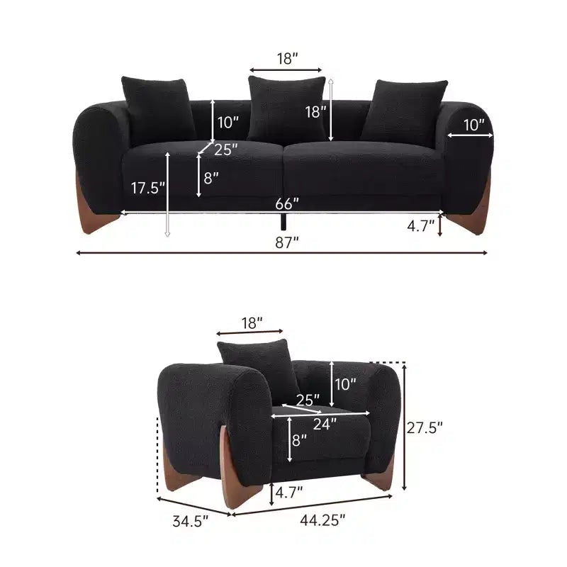 Moderne bankstel van boucléstof - 1 bank en 2 stoelen met slanke houten poten voor de woonkamer of het thuiskantoor - Morden Fort