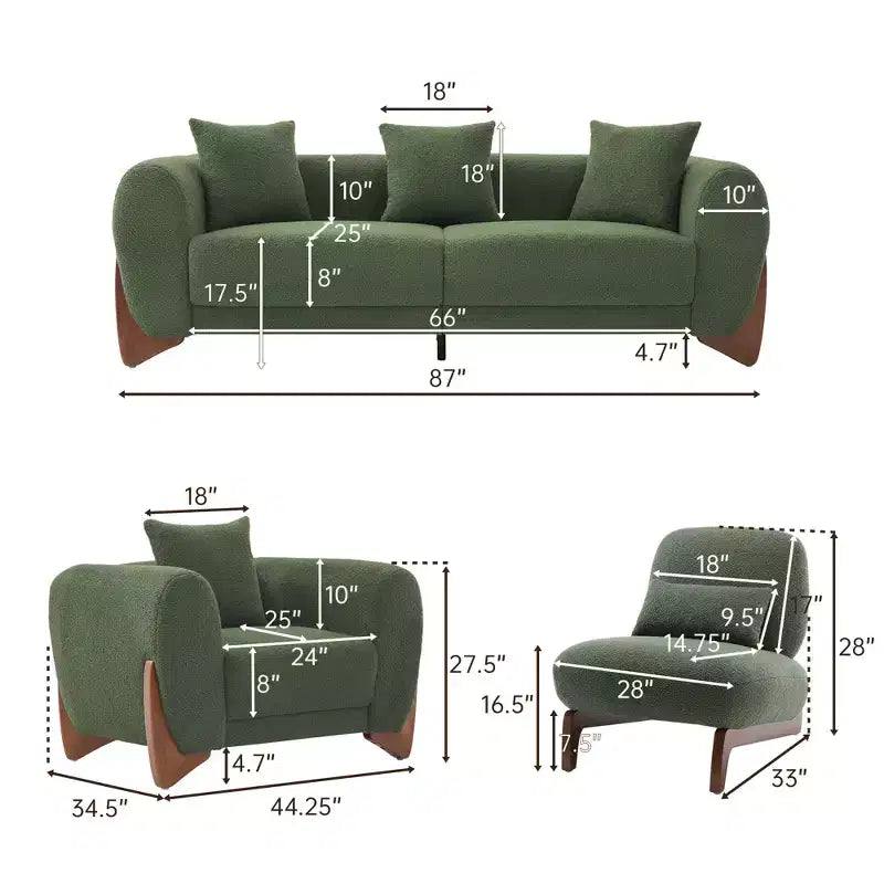 Moderne bankstel van boucléstof - 1 bank en 2 stoelen met slanke houten poten voor de woonkamer of het thuiskantoor - Morden Fort