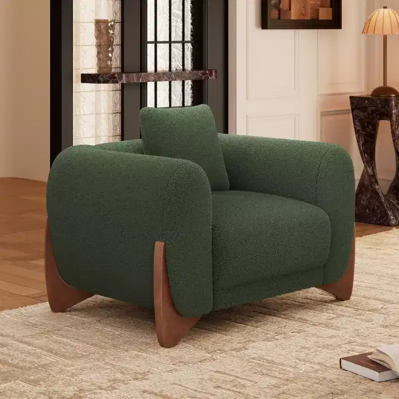 Moderne bankstel van boucléstof - 1 bank en 2 stoelen met slanke houten poten voor de woonkamer of het thuiskantoor - Morden Fort