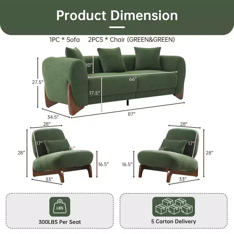 Moderne bankstel van boucléstof - 1 bank en 2 stoelen met slanke houten poten voor de woonkamer of het thuiskantoor - Morden Fort