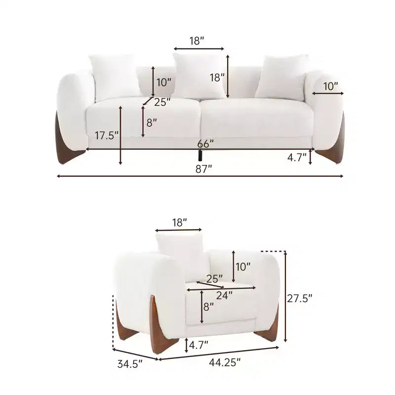 Moderne bankstel van boucléstof - 1 bank en 2 stoelen met slanke houten poten voor de woonkamer of het thuiskantoor - Morden Fort
