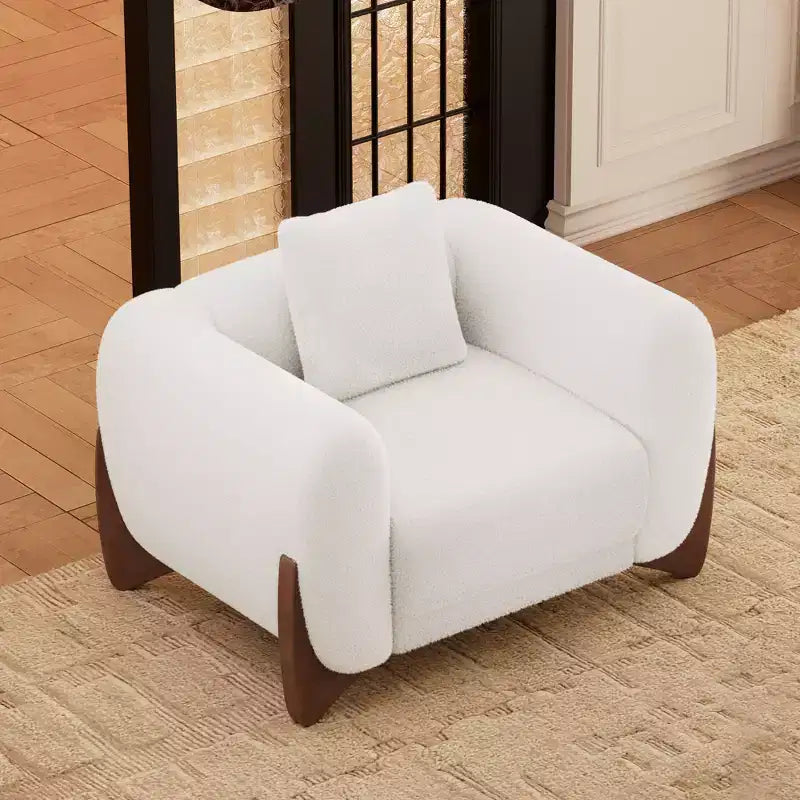 Moderne bankstel van boucléstof - 1 bank en 2 stoelen met slanke houten poten voor de woonkamer of het thuiskantoor - Morden Fort