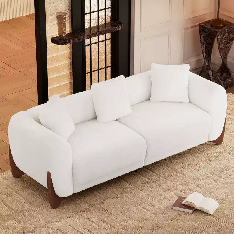 Moderne bankstel van boucléstof - 1 bank en 2 stoelen met slanke houten poten voor de woonkamer of het thuiskantoor - Morden Fort