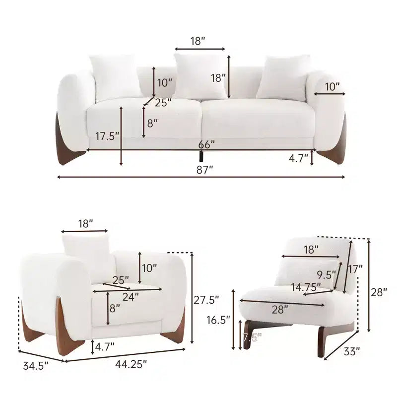 Moderne bankstel van boucléstof - 1 bank en 2 stoelen met slanke houten poten voor de woonkamer of het thuiskantoor - Morden Fort