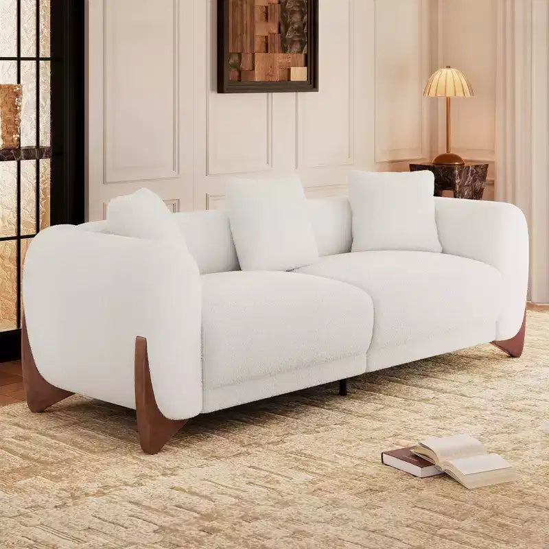 Moderne bankstel van boucléstof - 1 bank en 2 stoelen met slanke houten poten voor de woonkamer of het thuiskantoor - Morden Fort