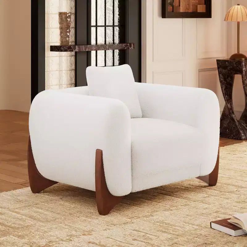 Moderne bankstel van boucléstof - 1 bank en 2 stoelen met slanke houten poten voor de woonkamer of het thuiskantoor - Morden Fort