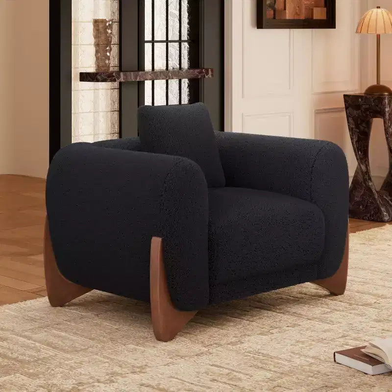 Moderne bankstel van boucléstof - 1 bank en 2 stoelen met slanke houten poten voor de woonkamer of het thuiskantoor - Morden Fort