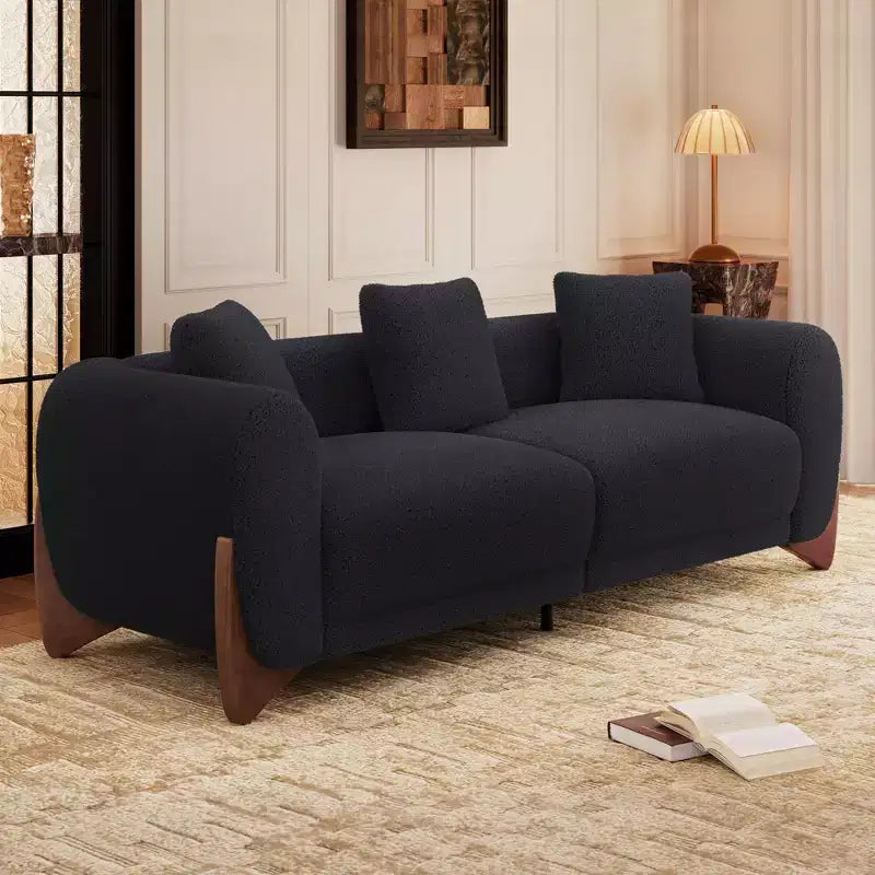 Moderne bankstel van boucléstof - 1 bank en 2 stoelen met slanke houten poten voor de woonkamer of het thuiskantoor - Morden Fort