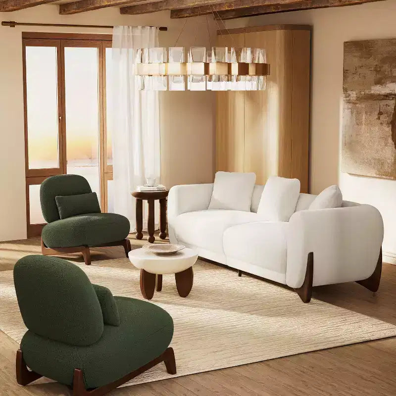Moderne bankstel van boucléstof - 1 bank en 2 stoelen met slanke houten poten voor de woonkamer of het thuiskantoor - Morden Fort