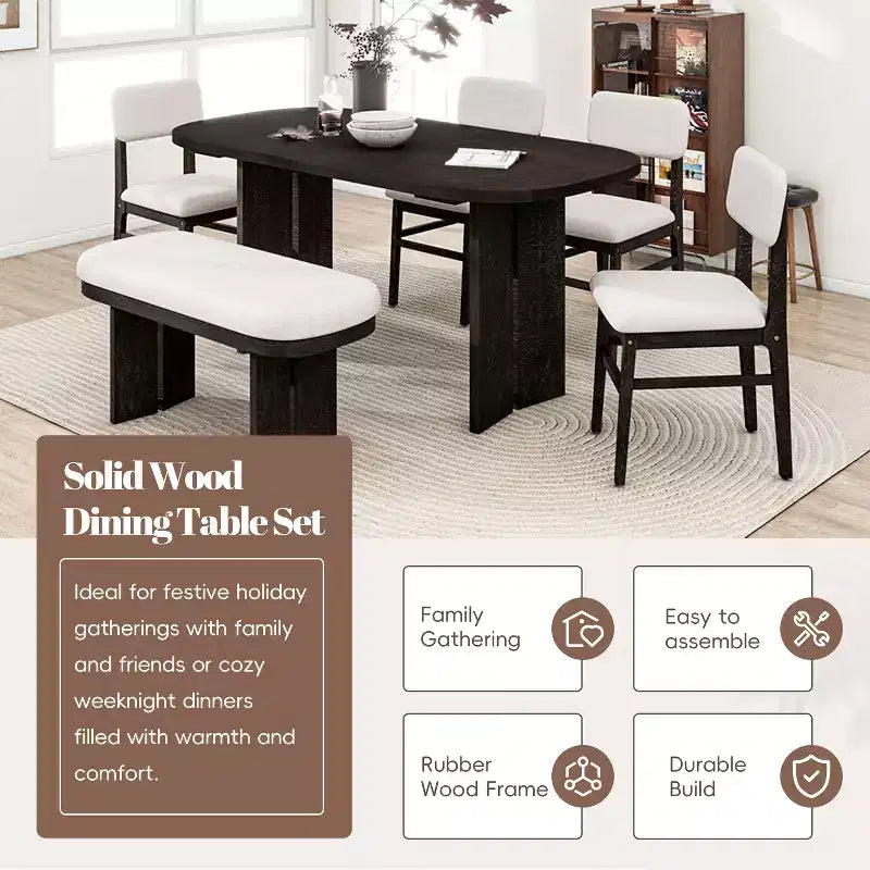 Set da Pranzo 6 Pezzi Tavolo da Pranzo Set Tavolo da Cucina con Sedie Imbottite e Panchina, Stile Rustico Fattoria, Naturale/Espresso-ModernLuxe