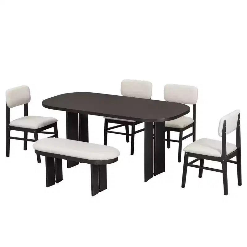 Set da Pranzo 6 Pezzi Tavolo da Pranzo Set Tavolo da Cucina con Sedie Imbottite e Panchina, Stile Rustico Fattoria, Naturale/Espresso-ModernLuxe