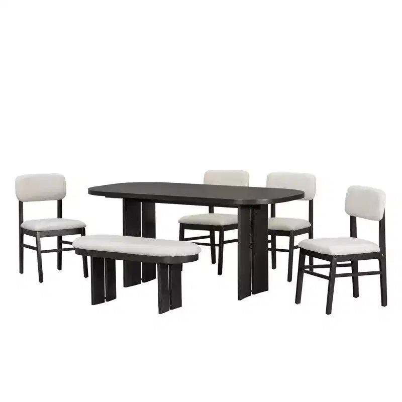 Set da Pranzo 6 Pezzi Tavolo da Pranzo Set Tavolo da Cucina con Sedie Imbottite e Panchina, Stile Rustico Fattoria, Naturale/Espresso-ModernLuxe