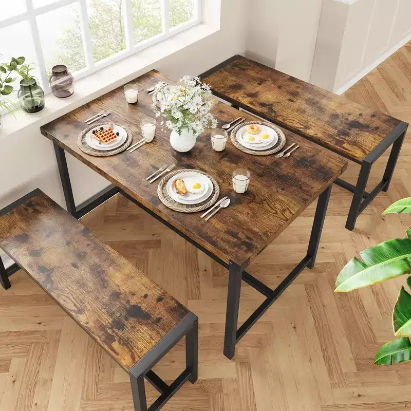 Set tavolo da pranzo per 4, tavolo da cucina con 2 panche in metallo e legno, set tavolo da pranzo rettangolare per spazi piccoli, appartamenti, monolocali