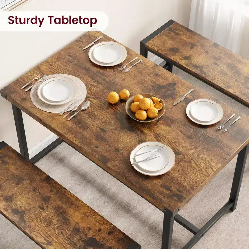 Set tavolo da pranzo per 4, tavolo da cucina con 2 panche in metallo e legno, set tavolo da pranzo rettangolare per spazi piccoli, appartamenti, monolocali
