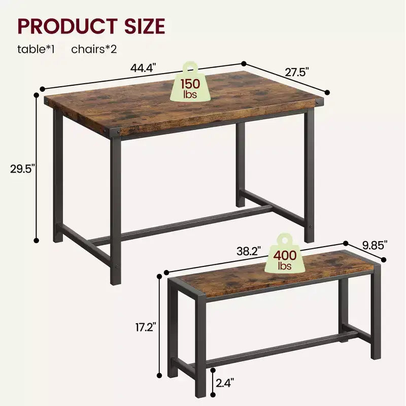 Set tavolo da pranzo per 4, tavolo da cucina con 2 panche in metallo e legno, set tavolo da pranzo rettangolare per spazi piccoli, appartamenti, monolocali