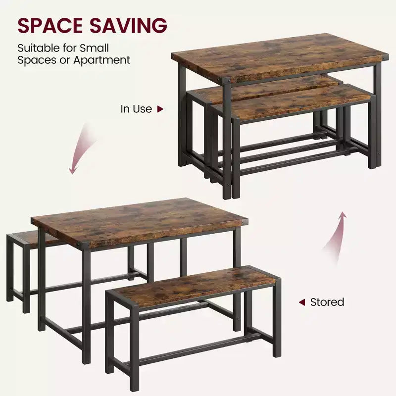 Set tavolo da pranzo per 4, tavolo da cucina con 2 panche in metallo e legno, set tavolo da pranzo rettangolare per spazi piccoli, appartamenti, monolocali