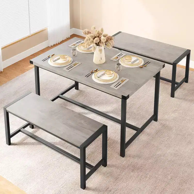 Set tavolo da pranzo per 4, tavolo da cucina con 2 panche in metallo e legno, set tavolo da pranzo rettangolare per spazi piccoli, appartamenti, monolocali
