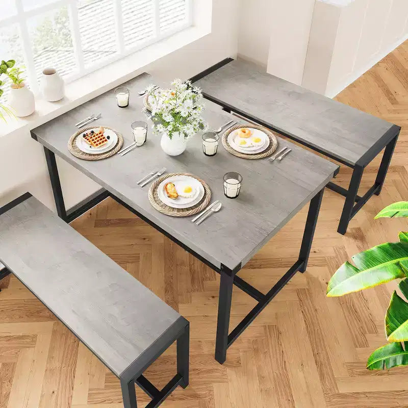 Set tavolo da pranzo per 4, tavolo da cucina con 2 panche in metallo e legno, set tavolo da pranzo rettangolare per spazi piccoli, appartamenti, monolocali