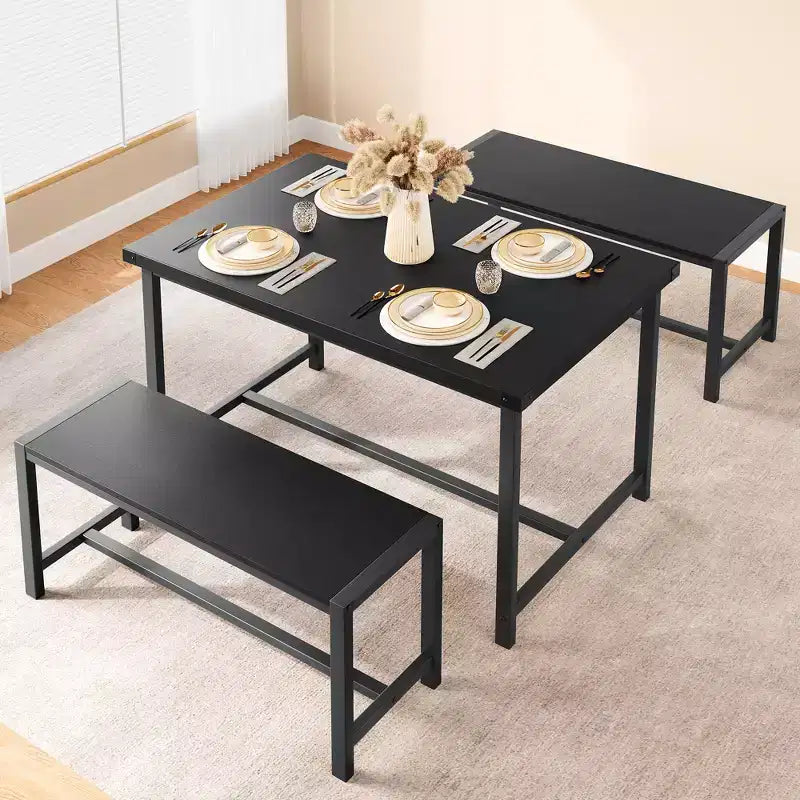 Set tavolo da pranzo per 4, tavolo da cucina con 2 panche in metallo e legno, set tavolo da pranzo rettangolare per spazi piccoli, appartamenti, monolocali