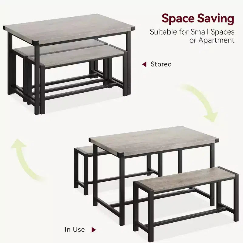 Set tavolo da pranzo per 4, tavolo da cucina con 2 panche in metallo e legno, set tavolo da pranzo rettangolare per spazi piccoli, appartamenti, monolocali