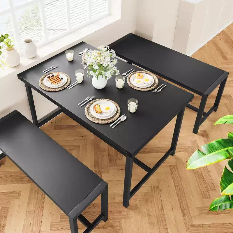 Set tavolo da pranzo per 4, tavolo da cucina con 2 panche in metallo e legno, set tavolo da pranzo rettangolare per spazi piccoli, appartamenti, monolocali