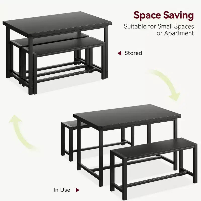 Set tavolo da pranzo per 4, tavolo da cucina con 2 panche in metallo e legno, set tavolo da pranzo rettangolare per spazi piccoli, appartamenti, monolocali