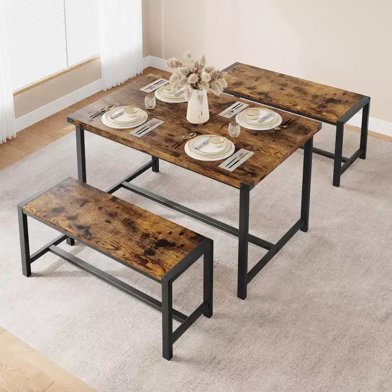 Set tavolo da pranzo per 4, tavolo da cucina con 2 panche in metallo e legno, set tavolo da pranzo rettangolare per spazi piccoli, appartamenti, monolocali