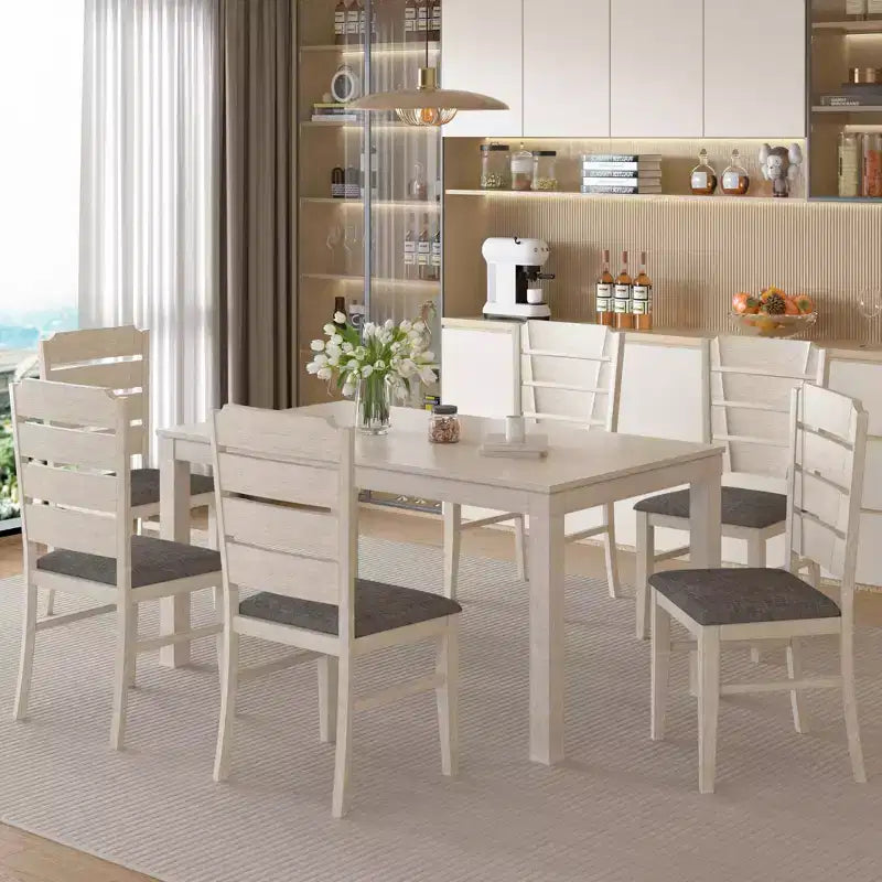 VECELO Farmhouse Style 7-Piece Dining Table Set for 6, Rubber Wood Table with 6 Upholstered Dining Chairs, Gray