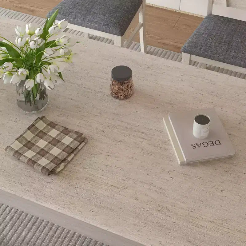 Set da tavolo da pranzo VECELO da 7 pezzi in stile rustico per 6 persone, tavolo in legno di caucciù con 6 sedie da pranzo imbottite, grigio