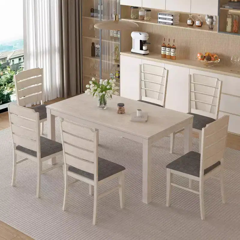 Set da tavolo da pranzo VECELO da 7 pezzi in stile rustico per 6 persone, tavolo in legno di caucciù con 6 sedie da pranzo imbottite, grigio