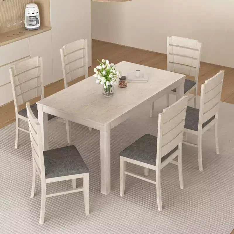 Set da tavolo da pranzo VECELO da 7 pezzi in stile rustico per 6 persone, tavolo in legno di caucciù con 6 sedie da pranzo imbottite, grigio