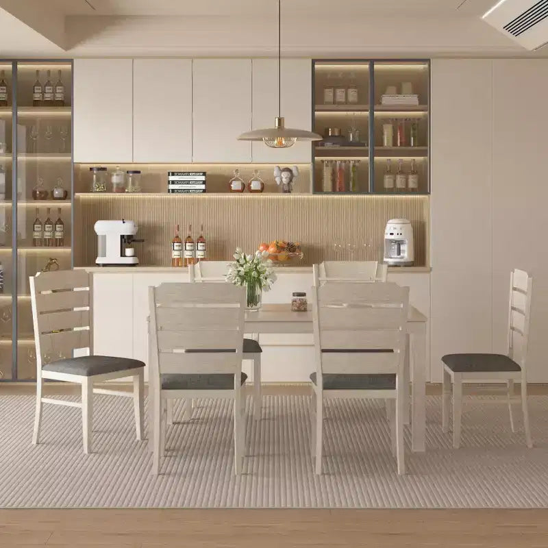 Set da tavolo da pranzo VECELO da 7 pezzi in stile rustico per 6 persone, tavolo in legno di caucciù con 6 sedie da pranzo imbottite, grigio
