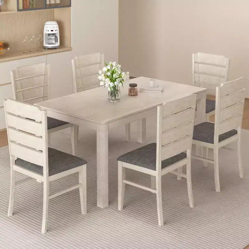 Set da tavolo da pranzo VECELO da 7 pezzi in stile rustico per 6 persone, tavolo in legno di caucciù con 6 sedie da pranzo imbottite, grigio