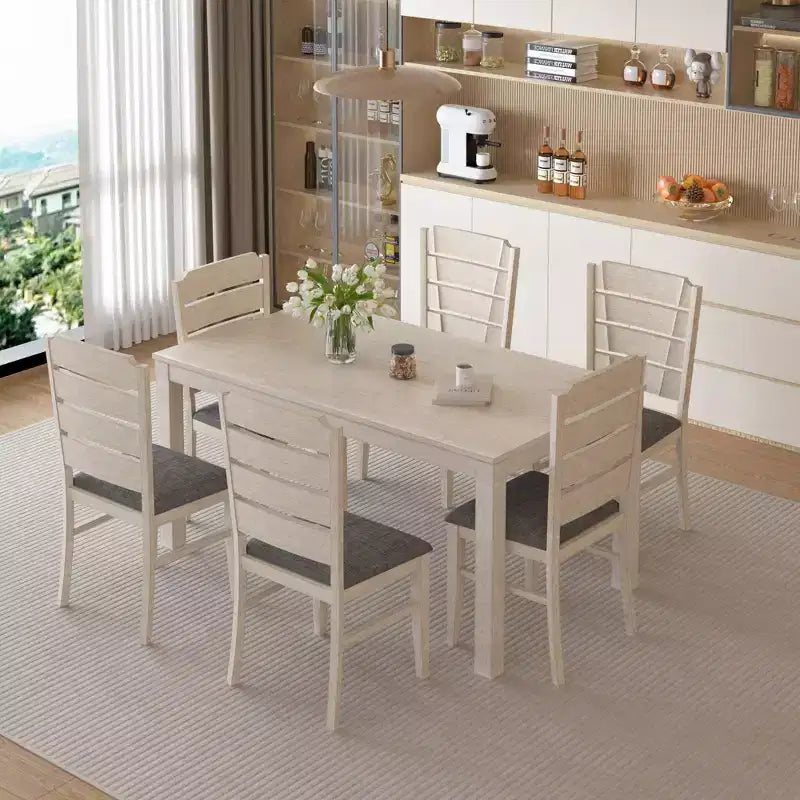 Set da tavolo da pranzo VECELO da 7 pezzi in stile rustico per 6 persone, tavolo in legno di caucciù con 6 sedie da pranzo imbottite, grigio